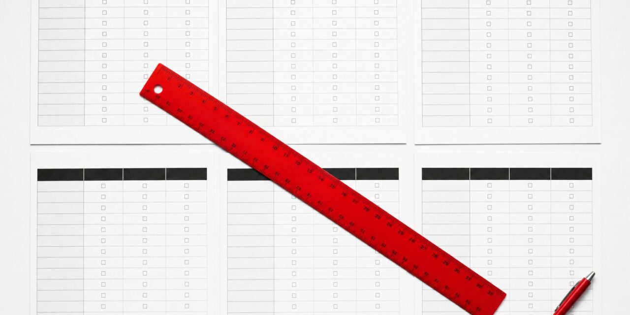 Mehrere identische Vergleichs-Checklisten im Raster angeordnet, roter Lineal und Stift darauf