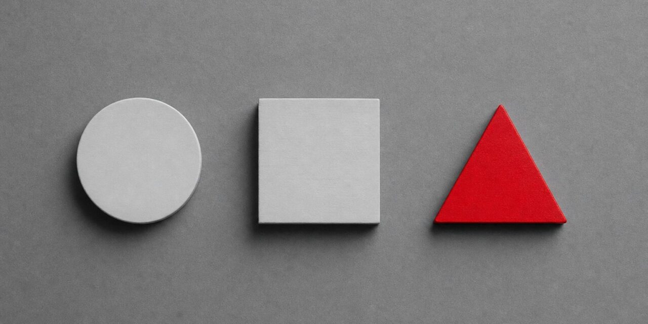 Drei einfache geometrische Formen, Kreis, Quadrat und rotes Dreieck, nebeneinander angeordnet