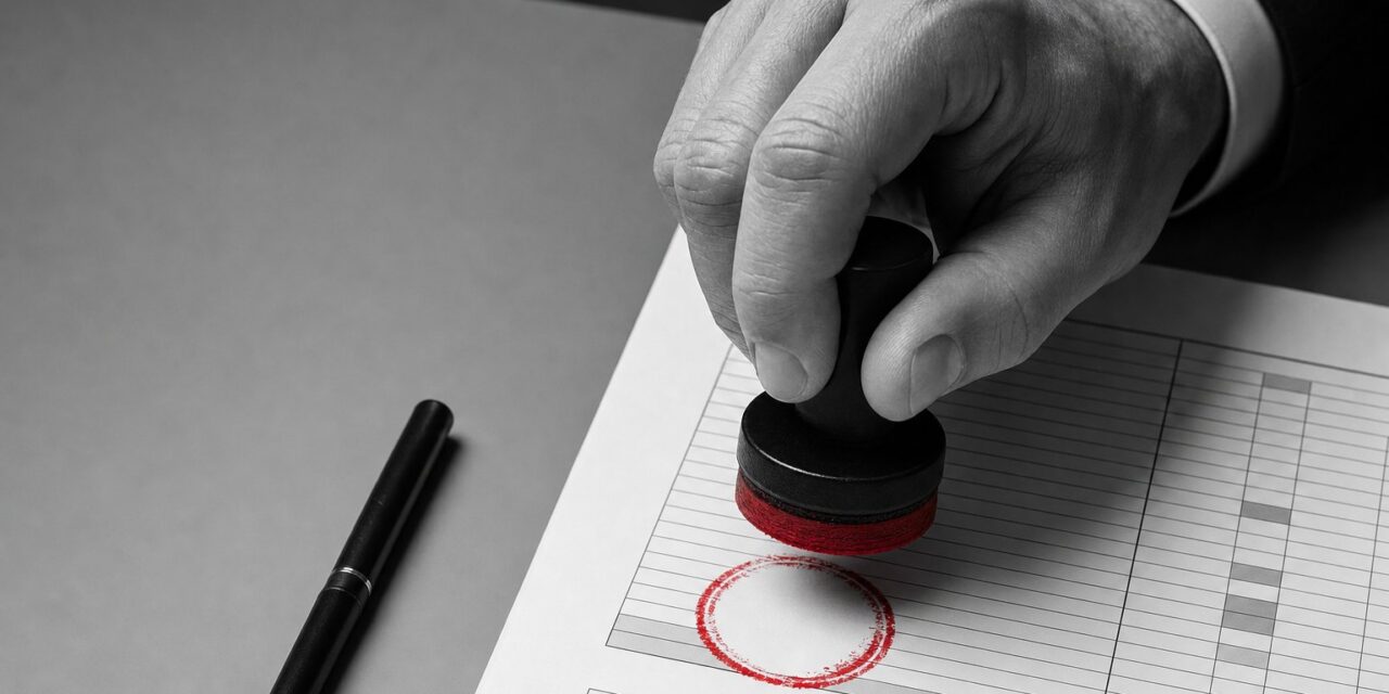 Nahaufnahme: eine Hand druckt einen roten Pruef-Stempel auf einen gedruckten Compliance-Bericht